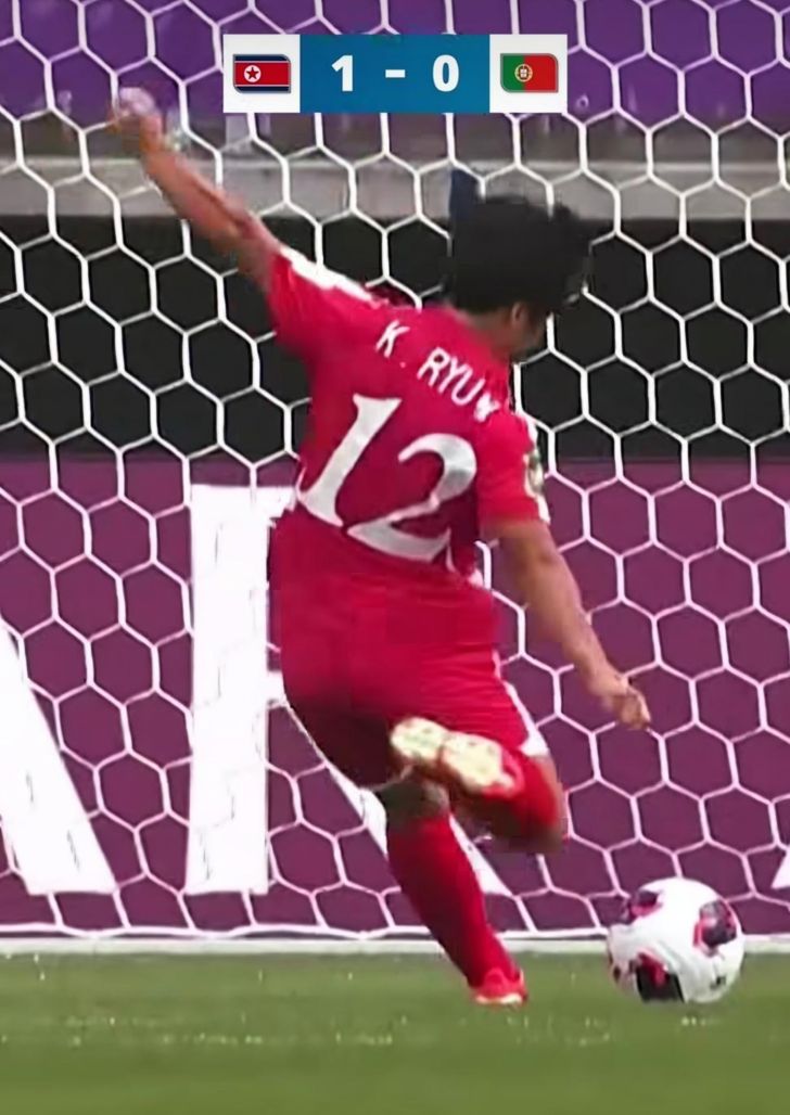 North Korean striker Kang Ryu-mi takes a shot at the net during a match against Portugal at the 2026 FIFA U-20 Women’s World Cup in Lodz, Poland, Monday. Captured from FIFA's Instagram account