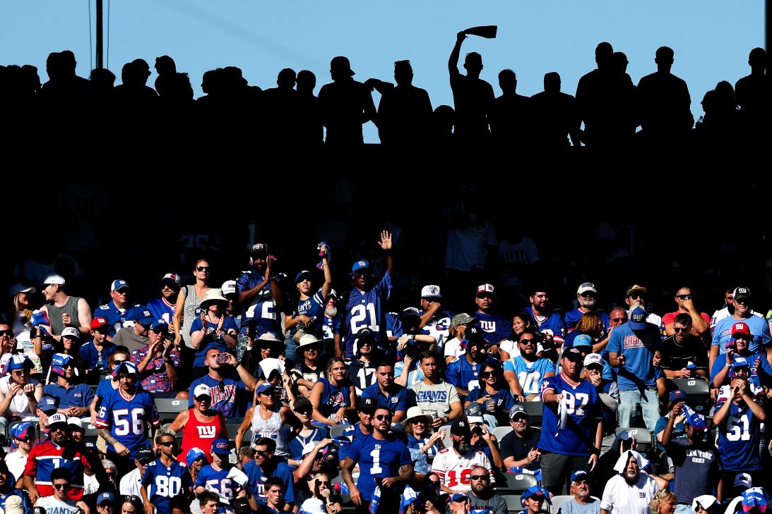 Fans of the New York Giants cheer during the game against the Los Angeles Chargers at MetLife Stadium on September 28, 2025 in East Rutherford, New Jersey.
