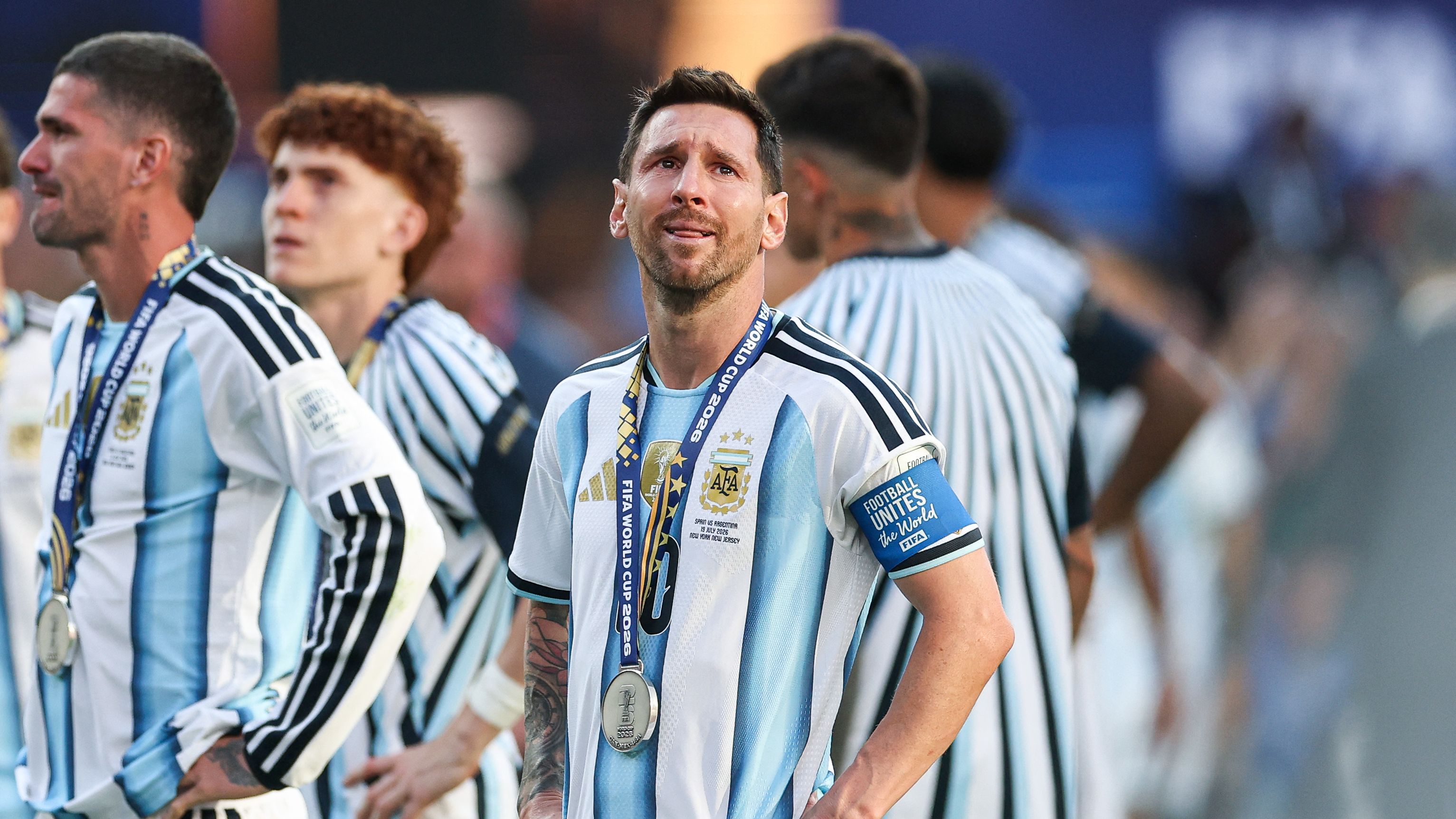 TOPSHOT - Argentina's forward #10 Lionel Messi reacts after losing the 2026 World Cup football tournament final match between Spain and Argentina at the New York/New Jersey Stadium in East Rutherford on July 19, 2026. (Photo by PATRICIA DE MELO MOREIRA / AFP via Getty Images)