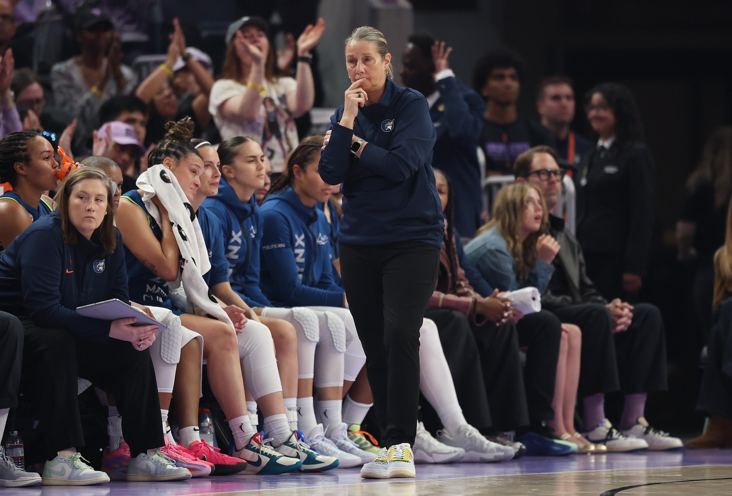 SAN FRANCISCO, CALIFORNIA - AUGUST 19: Head coach Cheryl Reeve of the Minnesota Lynx reacts on the bench during the first half of the WNBA game against the Golden State Valkyries at Chase Center on August 19, 2026 in San Francisco, California. NOTE TO USER: User expressly acknowledges and agrees that, by downloading and or using this photograph, user is consenting to the terms and conditions of the Getty Images License Agreement. (Photo by Ezra Shaw/Getty Images)
