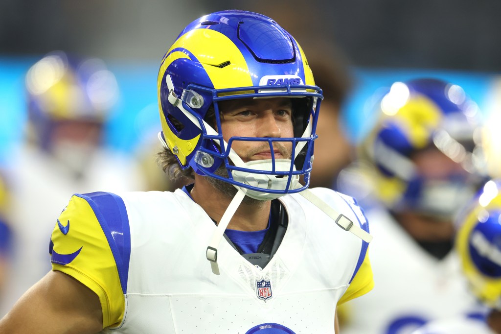 Matthew Stafford of the Los Angeles Rams looks on prior to a preseason game against the Los Angeles Chargers.