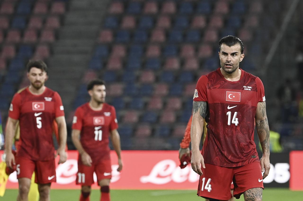 Abdulkerim Bardakci, of Türkiye, leaves the pitch at the end of the UEFA Nations League Group A1 League phase football match between Italy and Turkiye at the Renato Dall’Ara stadium in Bologna, Italy, on October 05, 2026. (AA Photo)