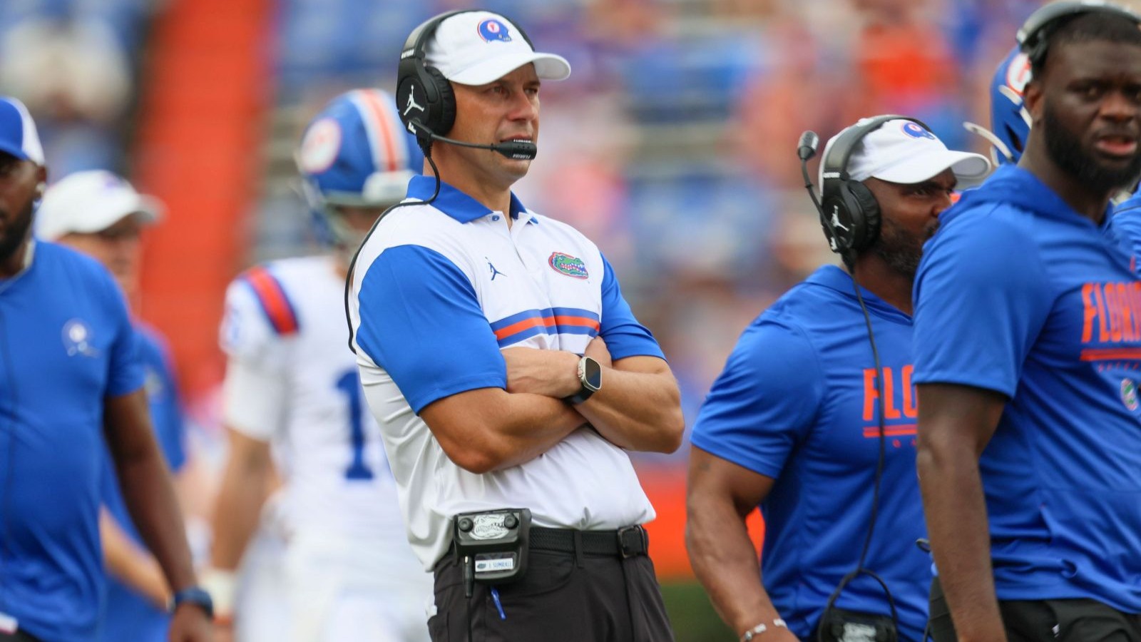 Florida head coach Jon Sumrall watches the action against South Carolina during the second half of an NCAA football at Steve Spurrier Field at Ben Hill Griffin Stadium in Gainesville, FL on Saturday, October 10, 2026.