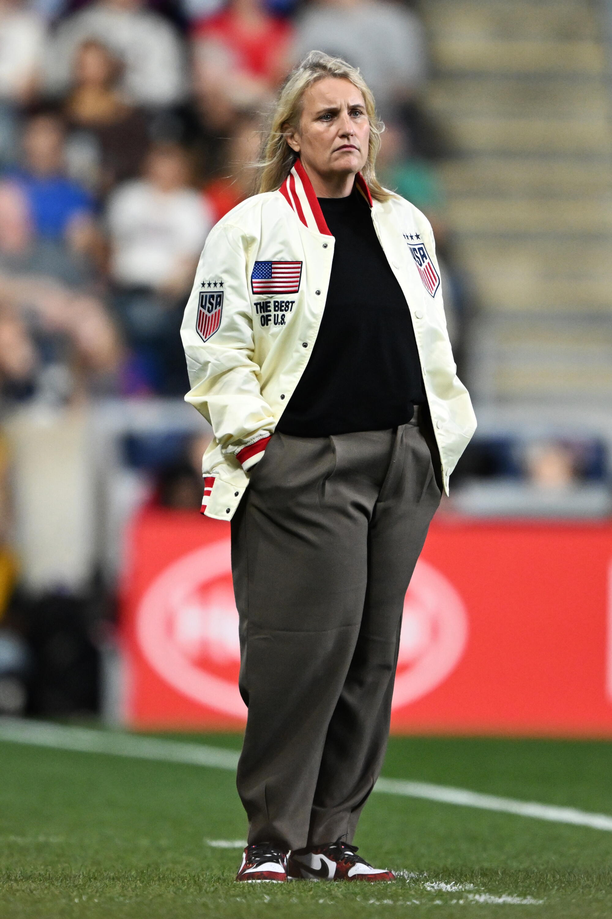 U.S. coach Emma Hayes stands on the sideline during an international friendly match against Spain.