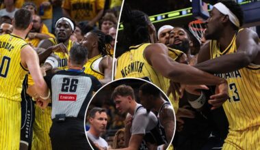 Pacers-Mavs get into heated scuffle after Cooper Flagg injures shoulder on flagrant foul