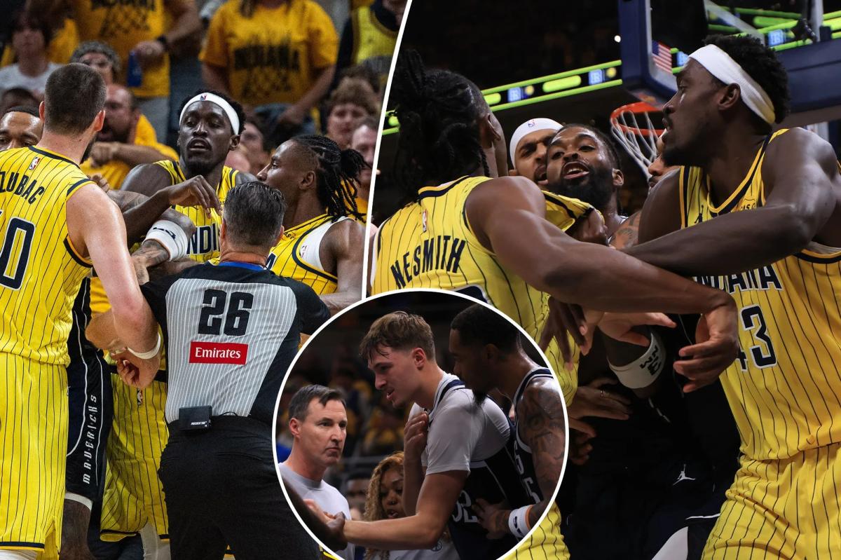 Pacers-Mavs get into heated scuffle after Cooper Flagg injures shoulder on flagrant foul
