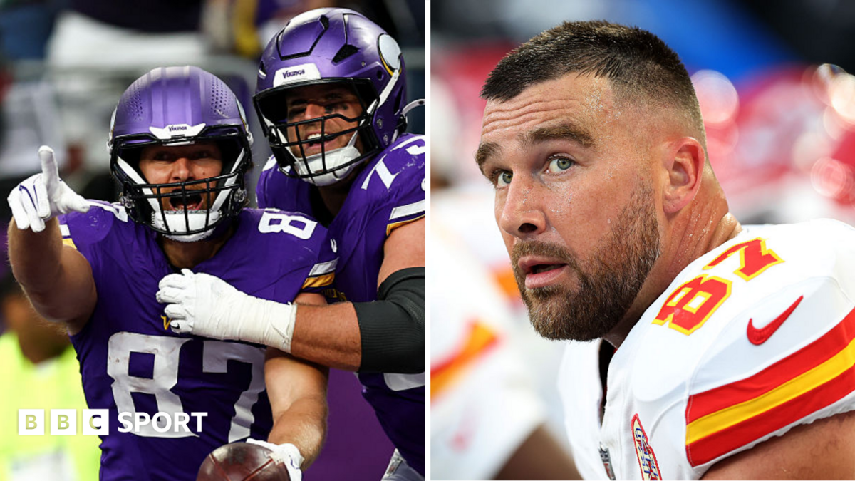 Split image of Minnesota Vikings players celebrating while Travis Kelce looks disappointed during games on 25 October 2026