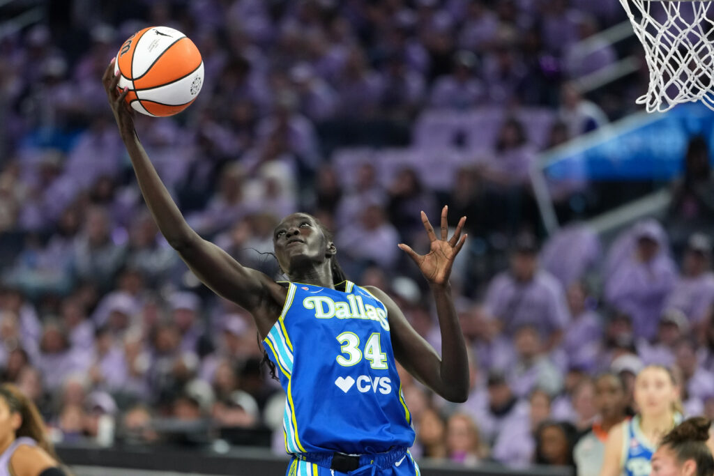 Dallas Wings forward Awak Kuier (34) rebounds against the Golden State Valkyries during the second quarter of game three of the first round for the 2026 WNBA Playoffs at Chase Center.