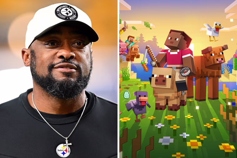 A split image showing, left, Mike Tomlin, and right, Minecraft characters