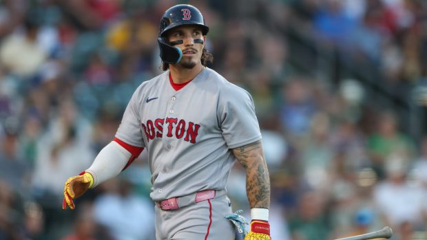 Boston Red Sox's Jarren Duran walks to the dugout after striking out during the fifth inning of a baseball game against the Athletics Monday, July 27, 2026, in West Sacramento, Calif. (AP Photo/Scott Marshall)