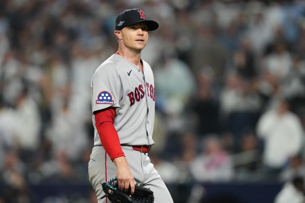 Boston Red Sox starting pitcher Sonny Gray walks back to the dugout after being pulled during the fifth inning against the New York Yankees in Game 2 of baseball's American League Wild Card Series, Wednesday, Sept. 30, 2026, in New York. (AP Photo/Frank Franklin II)