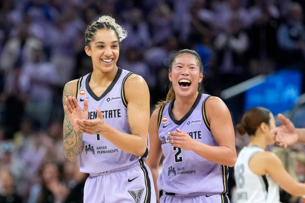 Golden State Valkyries forward Gabby Williams (1) and guard Kaitlyn Chen (2) celebrate after their team's victory ocer the Las Vegas Aces in Game 1 of the WNBA basketball semifinals in San Francisco, Sunday, Oct. 4, 2026. (AP Photo/Tony Avelar)