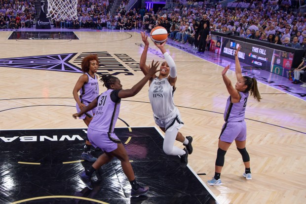 Las Vegas Aces' A'ja Wilson (22) shoots against Golden State Valkyries' Aminata Gueye (31) during Game 1 of the WNBA Semifinals at Chase Center in San Francisco, Calif., on Sunday, Oct. 4, 2026. The Golden State Valkyries defeated the Las Vegas Aces 71-60. (Jose Carlos Fajardo/Bay Area News Group)