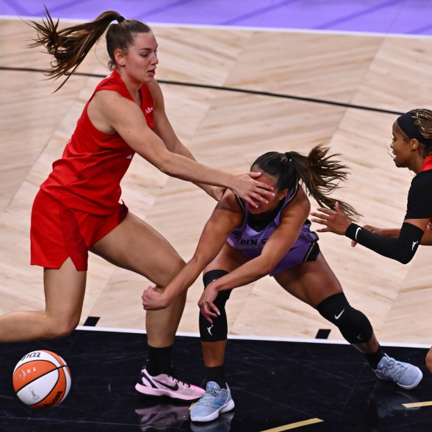 Atlanta Dream's Isobel Borlase (20) guards Golden State Valkyries' Kaitlyn Chen (2) in the third quarter of Game 1 of the WNBA Finals at Chase Center in San Francisco, Calif., on Saturday, Oct. 17, 2026. (Jose Carlos Fajardo/Bay Area News Group)