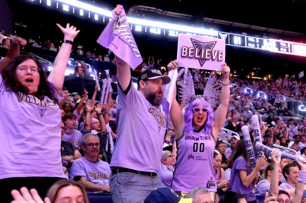 Golden State Valkyries fans cheer in the third quarter of Game 1 of the WNBA Finals against the Atlanta Dream at Chase Center in San Francisco, Calif., on Saturday, Oct. 17, 2026. (Ray Chavez/Bay Area News Group)