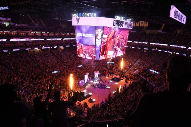 Golden State Valkyries' Gabby Williams (1) is introduced before the tip-off of Game 1 of the WNBA Finals \against the Atlanta Dream at Chase Center in San Francisco, Calif., on Saturday, Oct. 17, 2026. (Ray Chavez/Bay Area News Group)