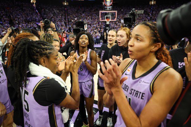 Golden State Valkyries celebrate winning against the Atlanta Dream during game 1 of the WNBA Finals at the Chase Center in San Francisco, Calif., on Saturday, Oct. 17, 2026. (Shae Hammond/Bay Area News Group)