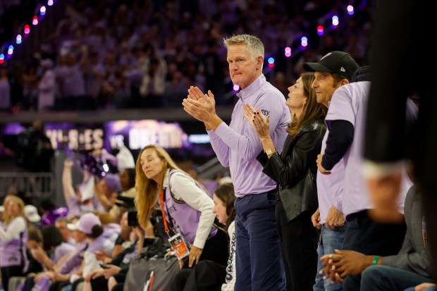 Golden State Warriors head coach Steve Kerr cheers for the Golden State Valkyries against the Atlanta Dream in the third quarter during game 1 of the WNBA Finals at the Chase Center in San Francisco, Calif., on Saturday, Oct. 17, 2026. (Shae Hammond/Bay Area News Group)