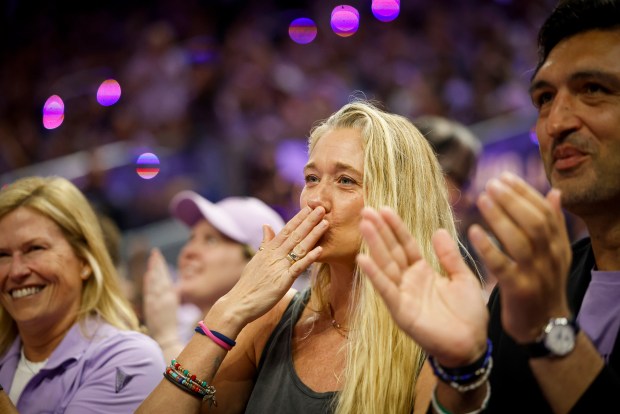 Kerri Walsh blows a kiss to the crowd while the Golden State Valkyries play against the Atlanta Dream during game 1 of the WNBA Finals at the Chase Center in San Francisco, Calif., on Saturday, Oct. 17, 2026. (Shae Hammond/Bay Area News Group)