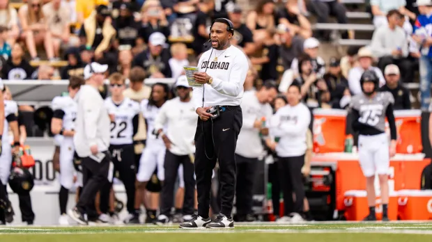 Colorado offensive coordinator Brennan Marion calls a play during the Buffaloes' annual spring game on April 11, 2026 at Folsom Field in Boulder. (Courtesy of CU Athletics)