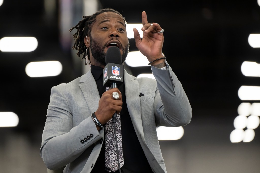 Michael Robinson speaks to NFL Network at Super Bowl LVIII Radio Row at Mandalay Bay on February 06, 2024 in Las Vegas.