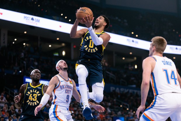 OKLAHOMA CITY, OKLAHOMA - OCTOBER 13: Tyrese Haliburton #0 of the Indiana Pacers goes to the basket during the first half of a preseason game against the Oklahoma City Thunder at Paycom Center on October 13, 2026 in Oklahoma City, Oklahoma. NOTE TO USER: User expressly acknowledges and agrees that, by downloading and or using this photograph, User is consenting to the terms and conditions of the Getty Images License Agreement. (Photo by William Purnell/Getty Images)