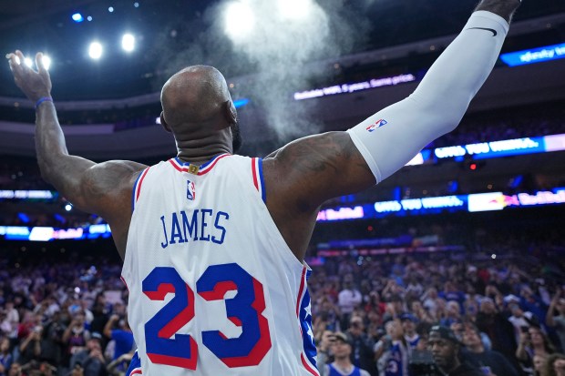 PHILADELPHIA, PENNSYLVANIA - OCTOBER 16: LeBron James #23 of the Philadelphia 76ers tosses chalk in the air prior to the preseason game against the Boston Celtics at Xfinity Mobile Arena on October 16, 2026 in Philadelphia, Pennsylvania. The Celtics defeated the 76ers 125-120 in overtime. NOTE TO USER: User expressly acknowledges and agrees that, by downloading and or using this photograph, User is consenting to the terms and conditions of the Getty Images License Agreement. (Photo by Mitchell Leff/Getty Images)