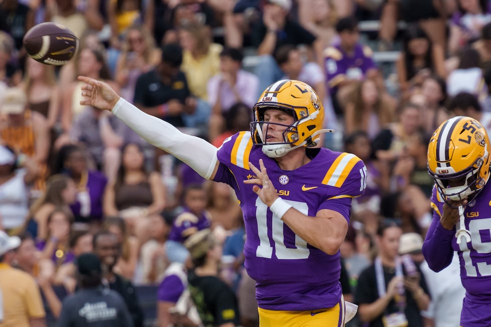 LSU quarterback Sam Leavitt (10) throws before an NCAA college football game against McNeese...