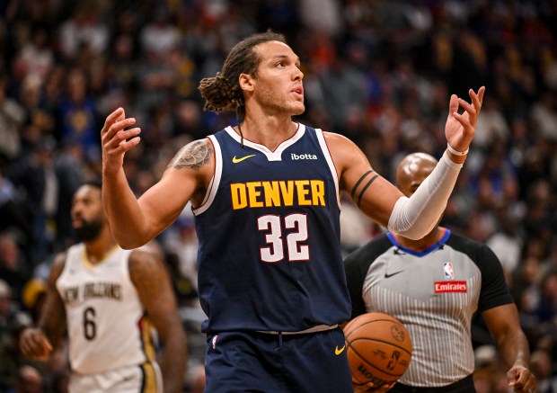 Aaron Gordon (32) of the Denver Nuggets reacts to a call during the fourth quarter of the Nuggets' 141-135 win over the New Orleans Pelicans at Ball Arena in Denver, Colorado on Saturday, October 24, 2026. (Photo by AAron Ontiveroz/The Denver Post)