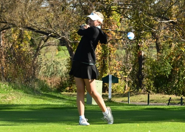 Lake Orion's Ava Pawlosky lets her drive fly Wednesday at the Division 1 Twin Lakes girls golf regional on Oct. 7, 2026. (DAN STICKRADT -- MediaNews Group)
