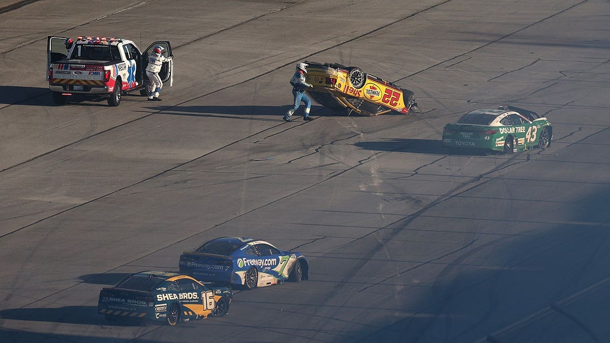 Joey Logano in the No. 22 Shell Pennzoil Ford involved in an on-track incident at Talladega Superspeedway.