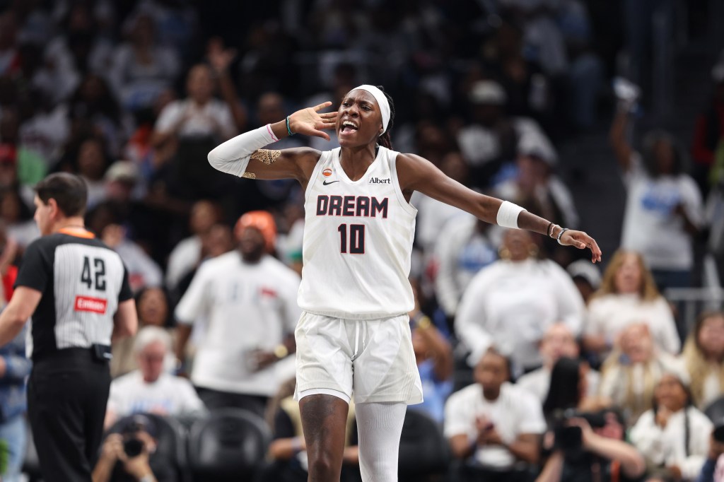 Atlanta Dream guard Rhyne Howard (10) celebrates during a game against the Golden State Valkyries.
