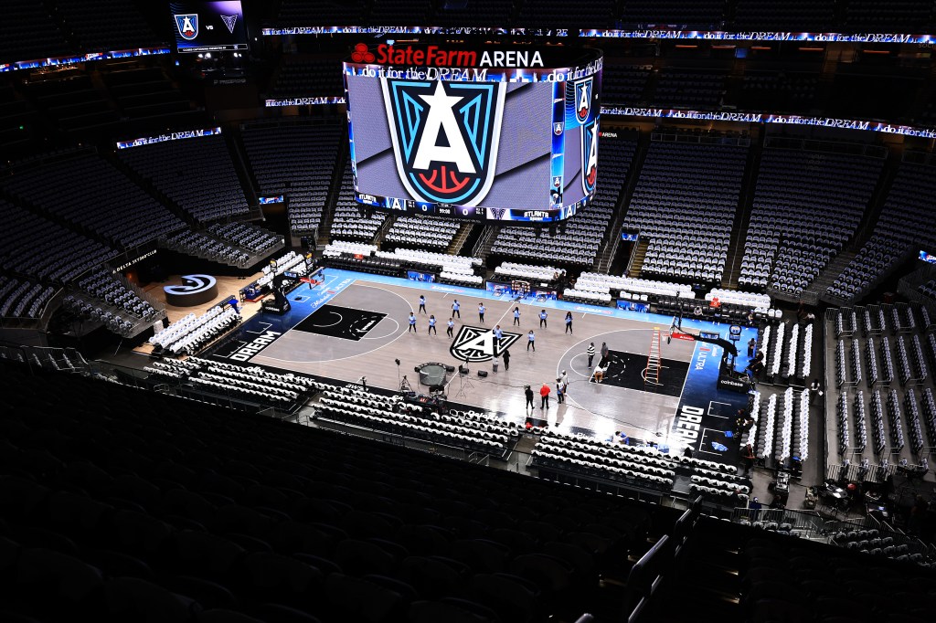 High-angle view of the empty State Farm Arena before a game between the Golden State Valkyries and Atlanta Dream.